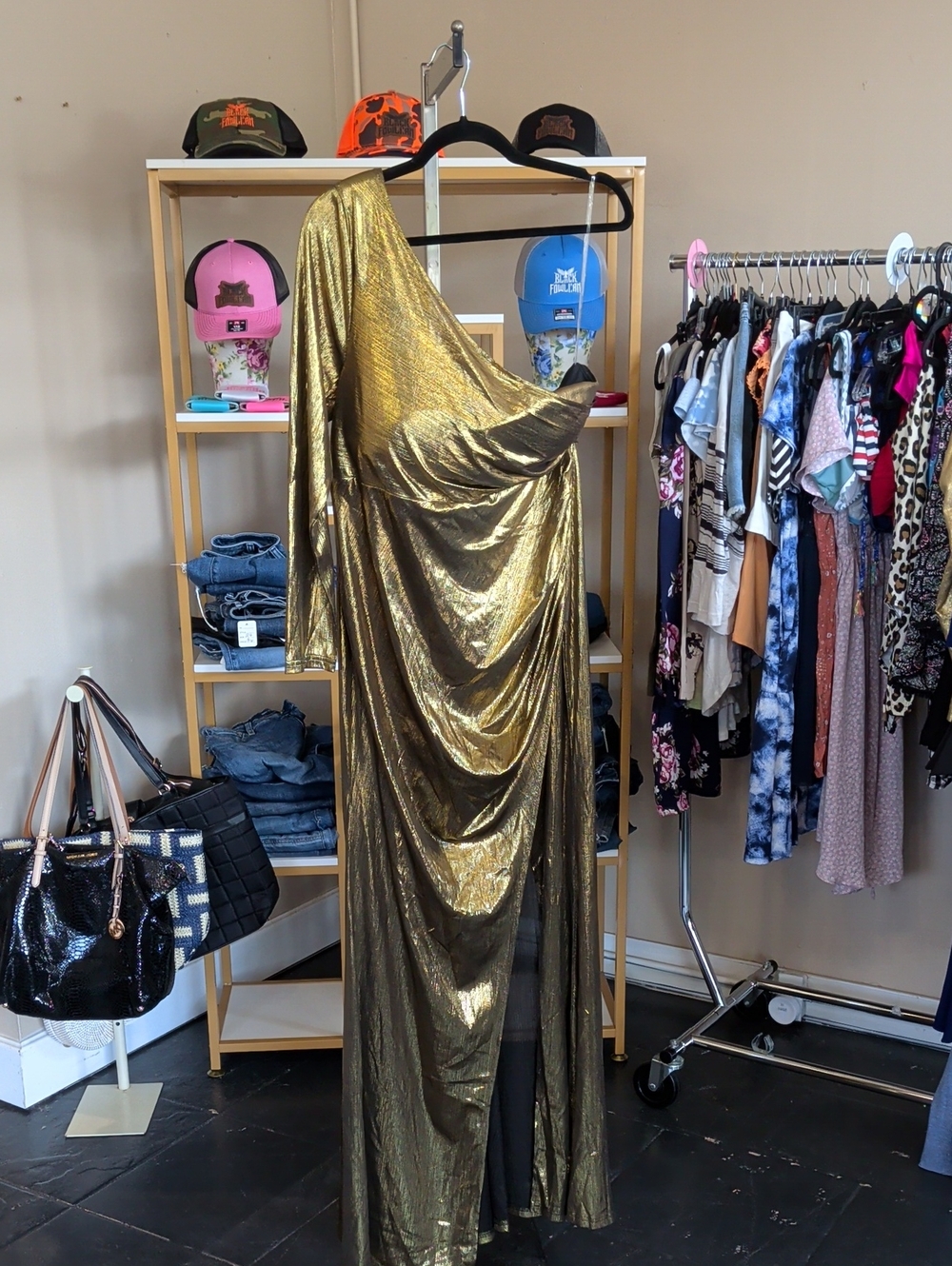 Metallic Gold One-Shoulder Draped Evening Gown